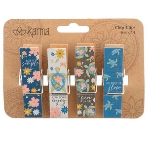 NEW Karma Wooden Blue and Floral Chip Clips Set. Set of 4 sea set